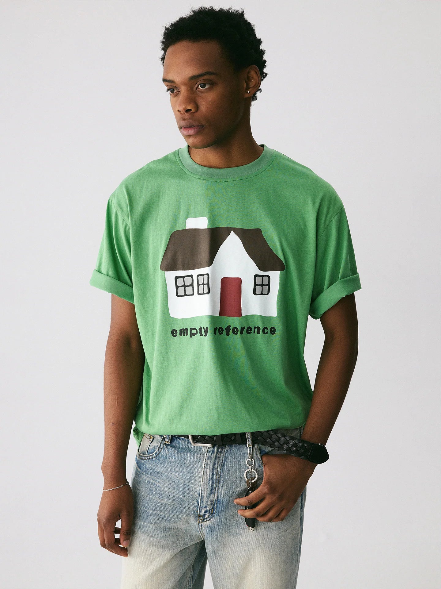 The Little House Tee - Mint Green Snow Fabric with Hand-Drawn Cottage Print