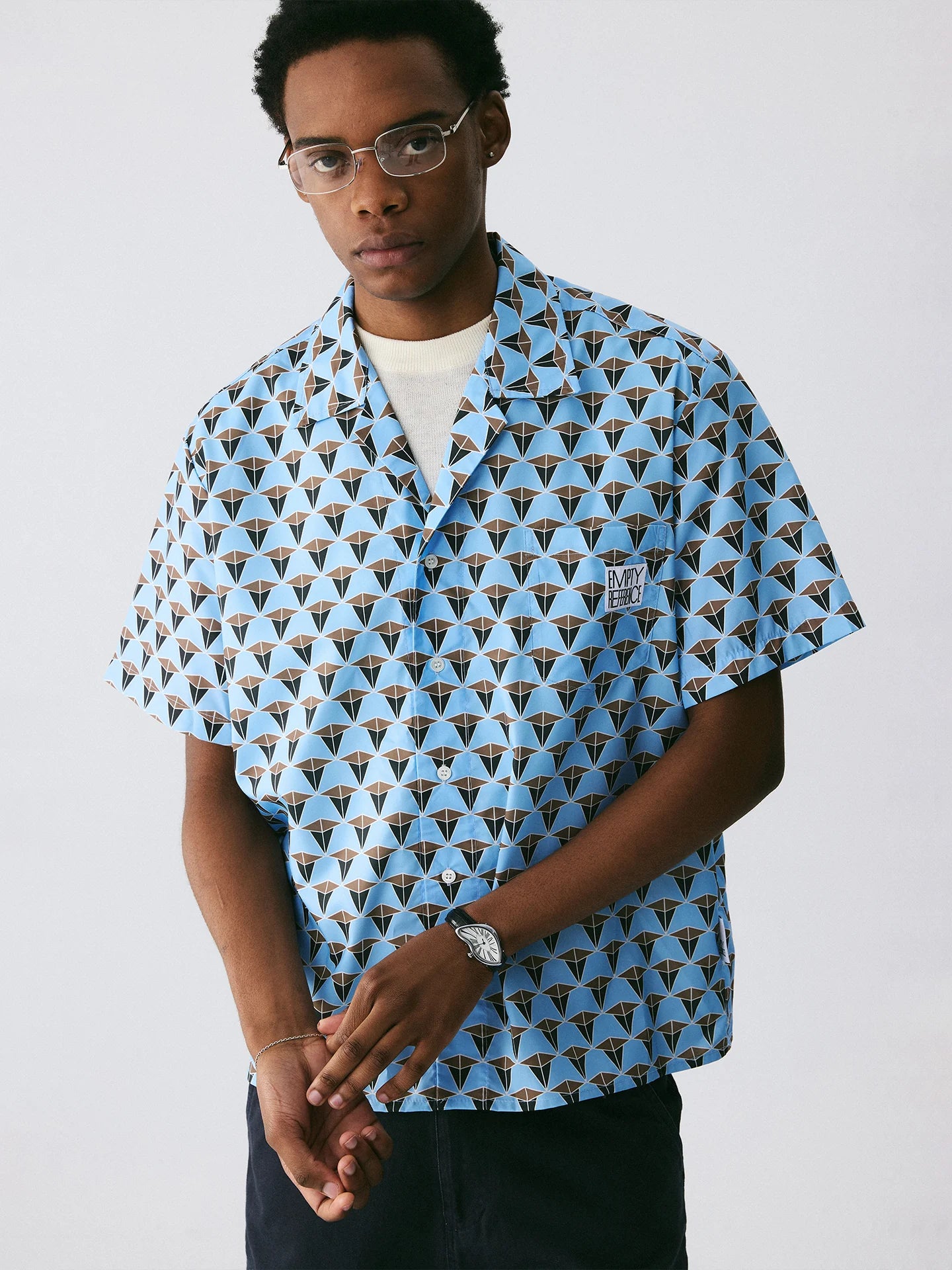 The Tessellated Diamond Shirt - Full-Print Geometric in Dusty Blue, Brown & Black
