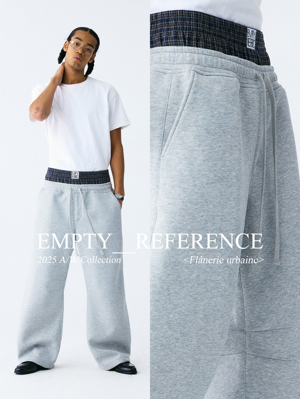 The Double Waist Sweatpant - Heather Grey Knit with Blue Gingham Panel & Woven Label