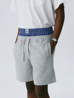 The Layered Waist Short - Heather Grey Knit with Blue Stripe Panel & Woven Label