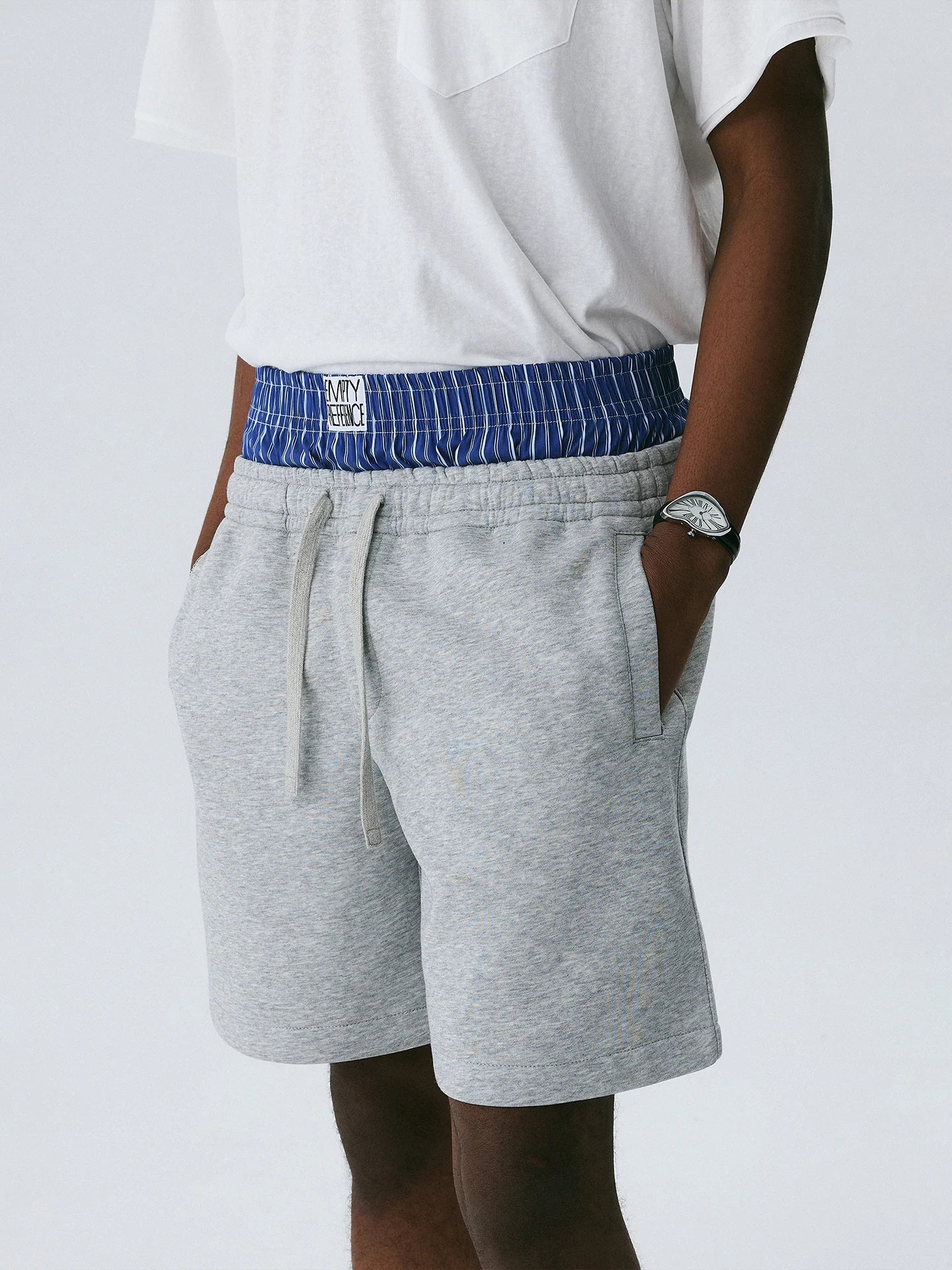 The Layered Waist Short - Heather Grey Knit with Blue Stripe Panel & Woven Label