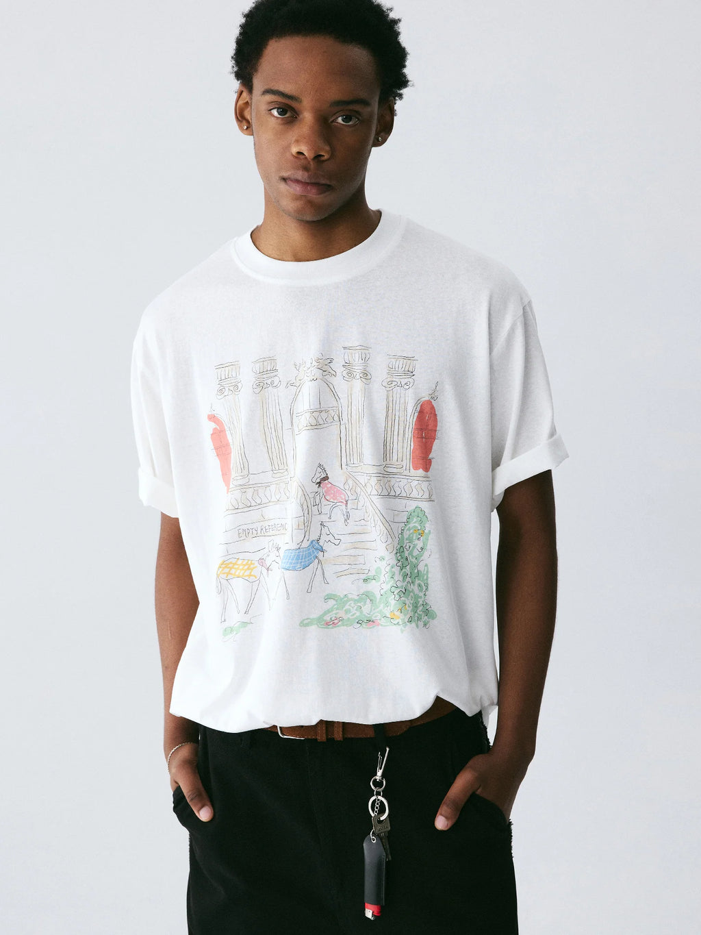 The Three Little Horses Tee - White Snow Fabric with Line-Drawn Manor & Color-Accent Pony Scene