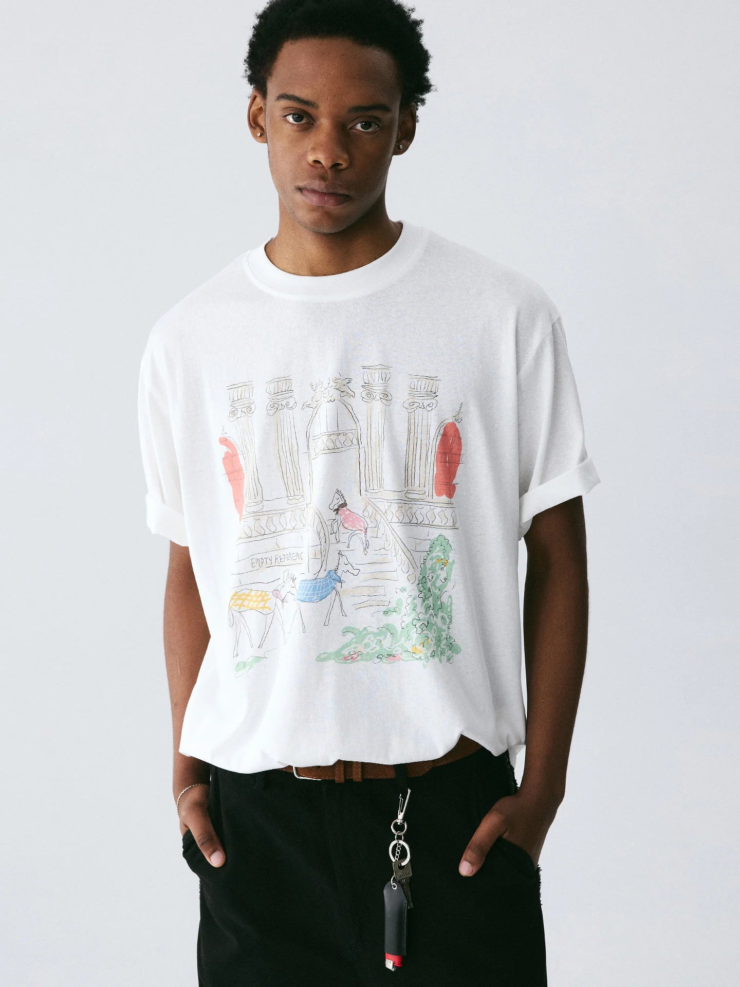 The Three Little Horses Tee - White Snow Fabric with Line-Drawn Manor & Color-Accent Pony Scene