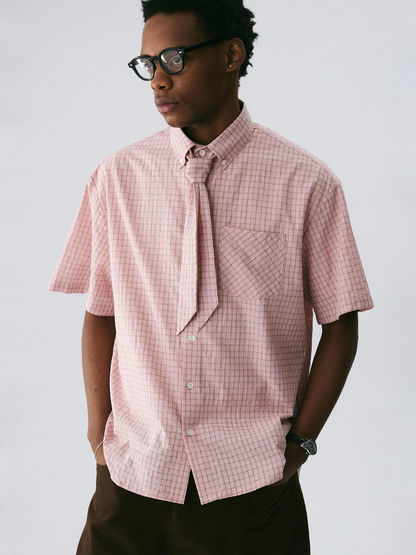 The Gingham Scarf Shirt - Pink & Brown Check with Matching Detachable Scarf