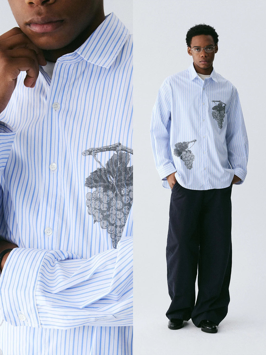Empty Reference Botanical Stripe Shirt | Blue White Embroidered Overshirt