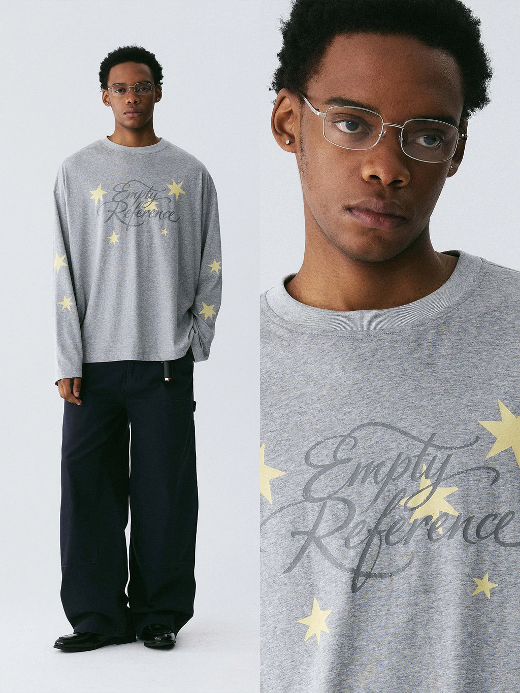 Empty Reference Star Graphic Long Sleeve Tee | Oversized Grey Top