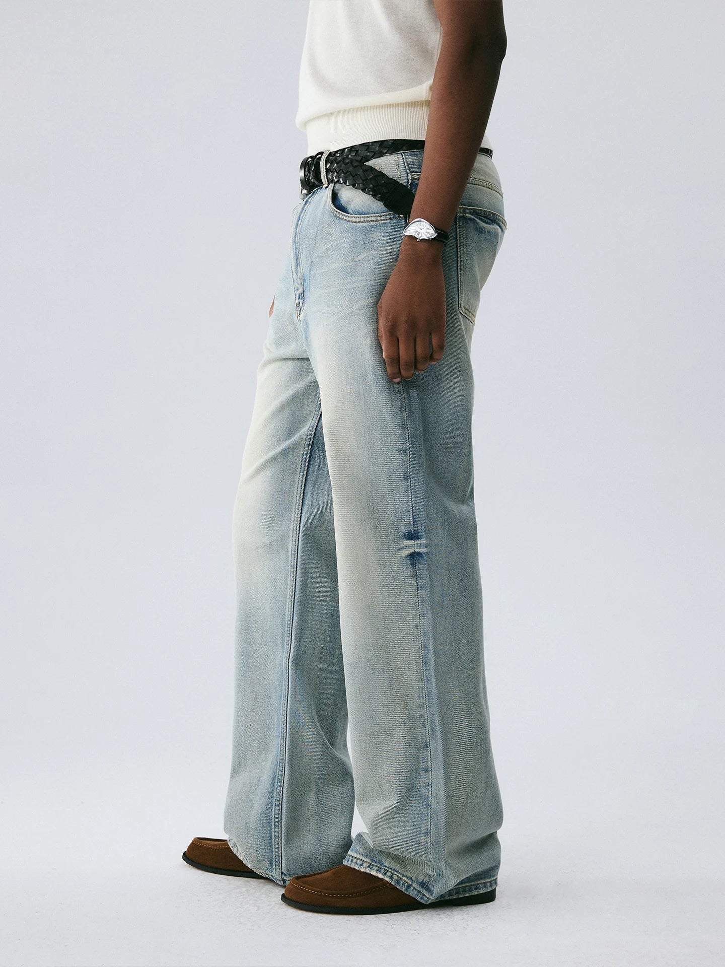 Vintage Wash Denim with Custom Hardware & Destructed Hem