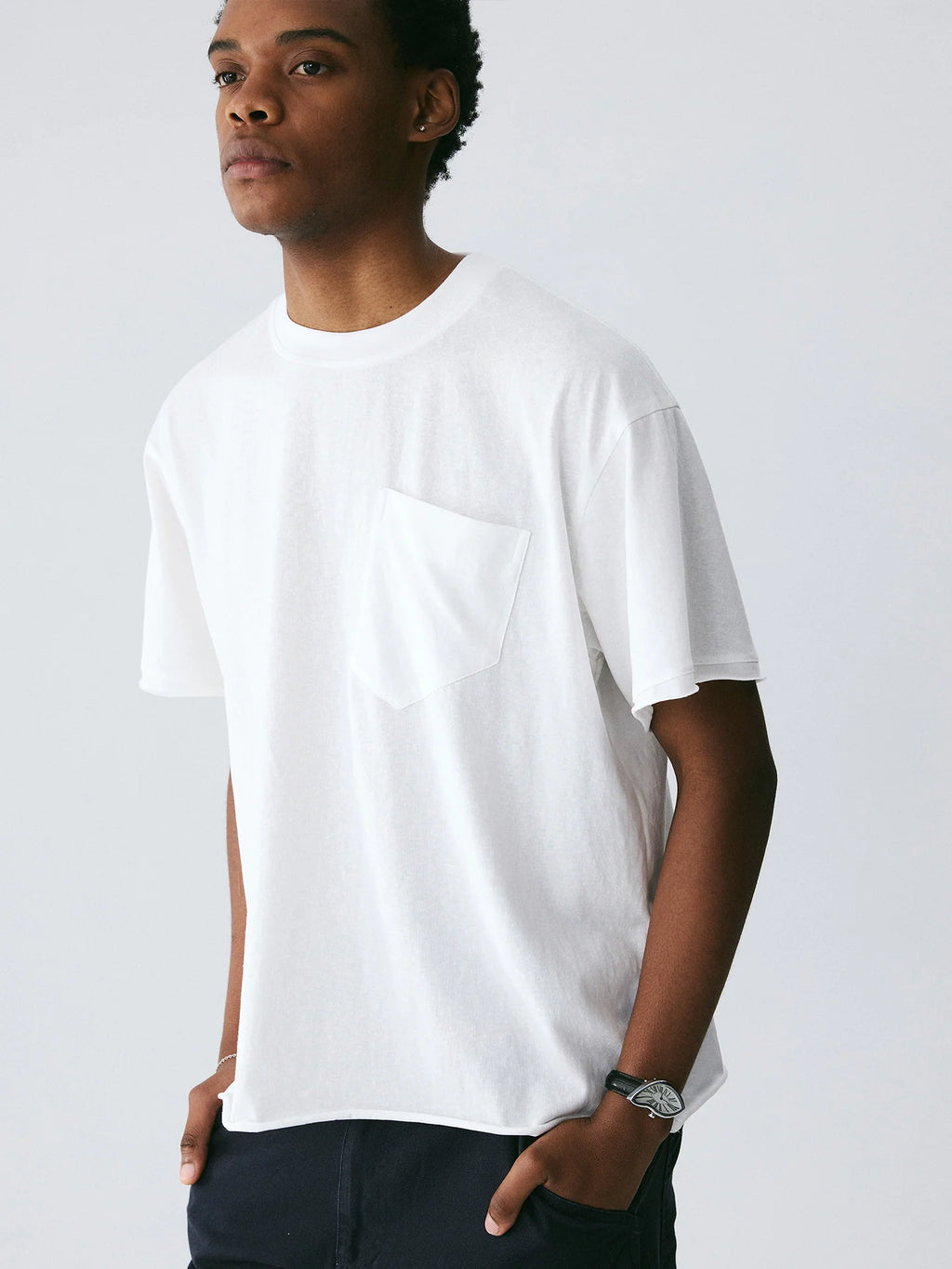 The Raw Edge Snow Tee - Textured Cotton with Sculptural Pocket