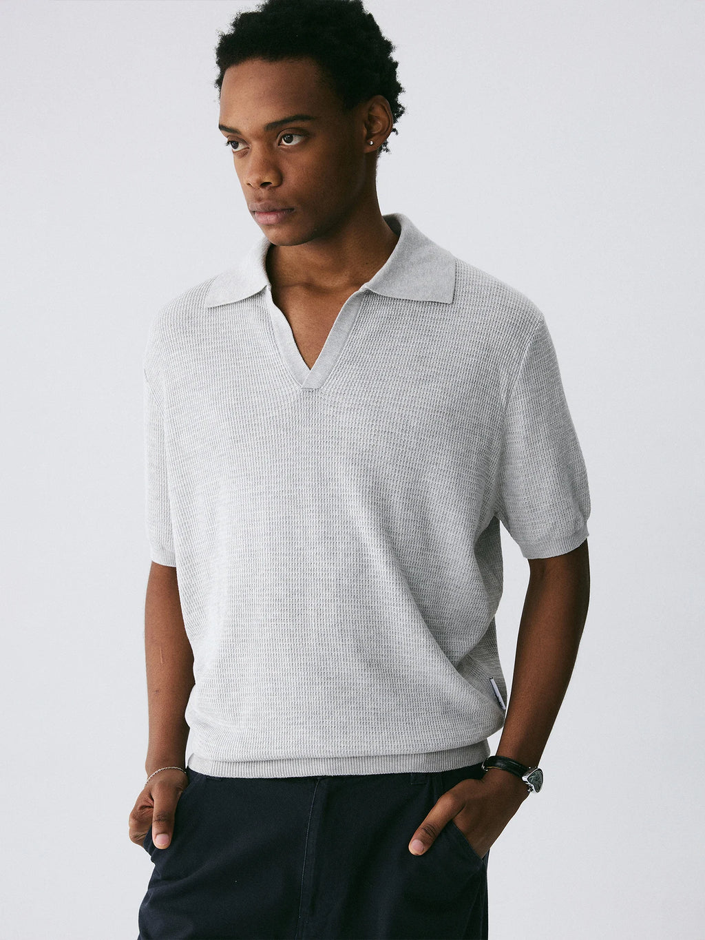 The Textured Stitch Polo - Silk-Wool Blend Knit with Ribbed Trim