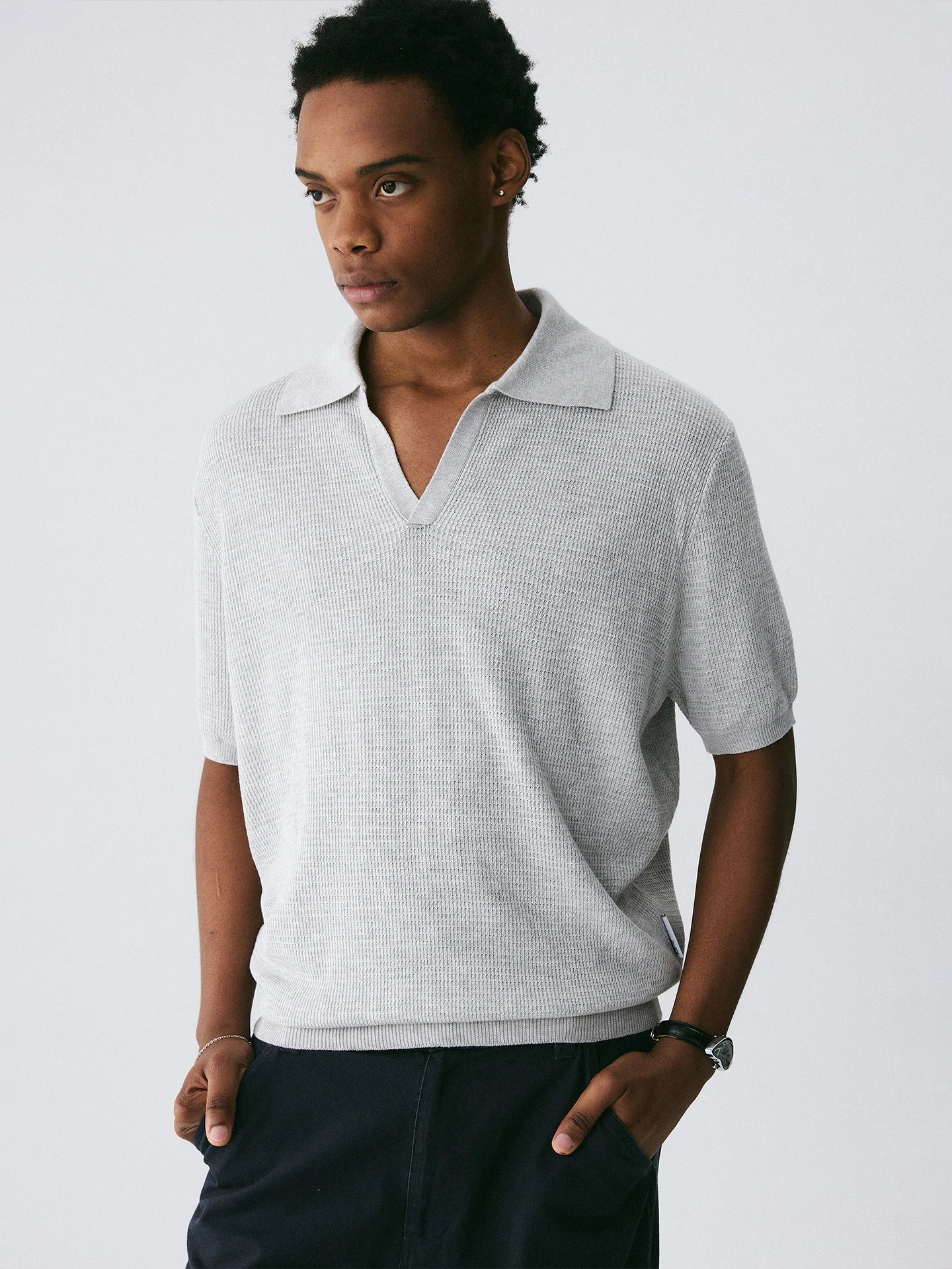 The Textured Stitch Polo - Silk-Wool Blend Knit with Ribbed Trim