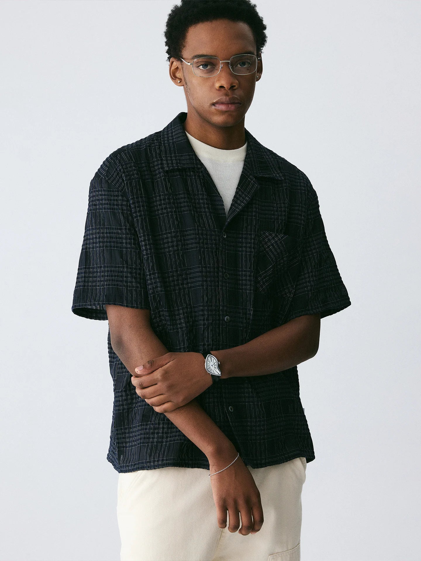The Biased Grid Shirt - Textured Deep Navy Check Cuban Collar with Angle-Cut Pocket
