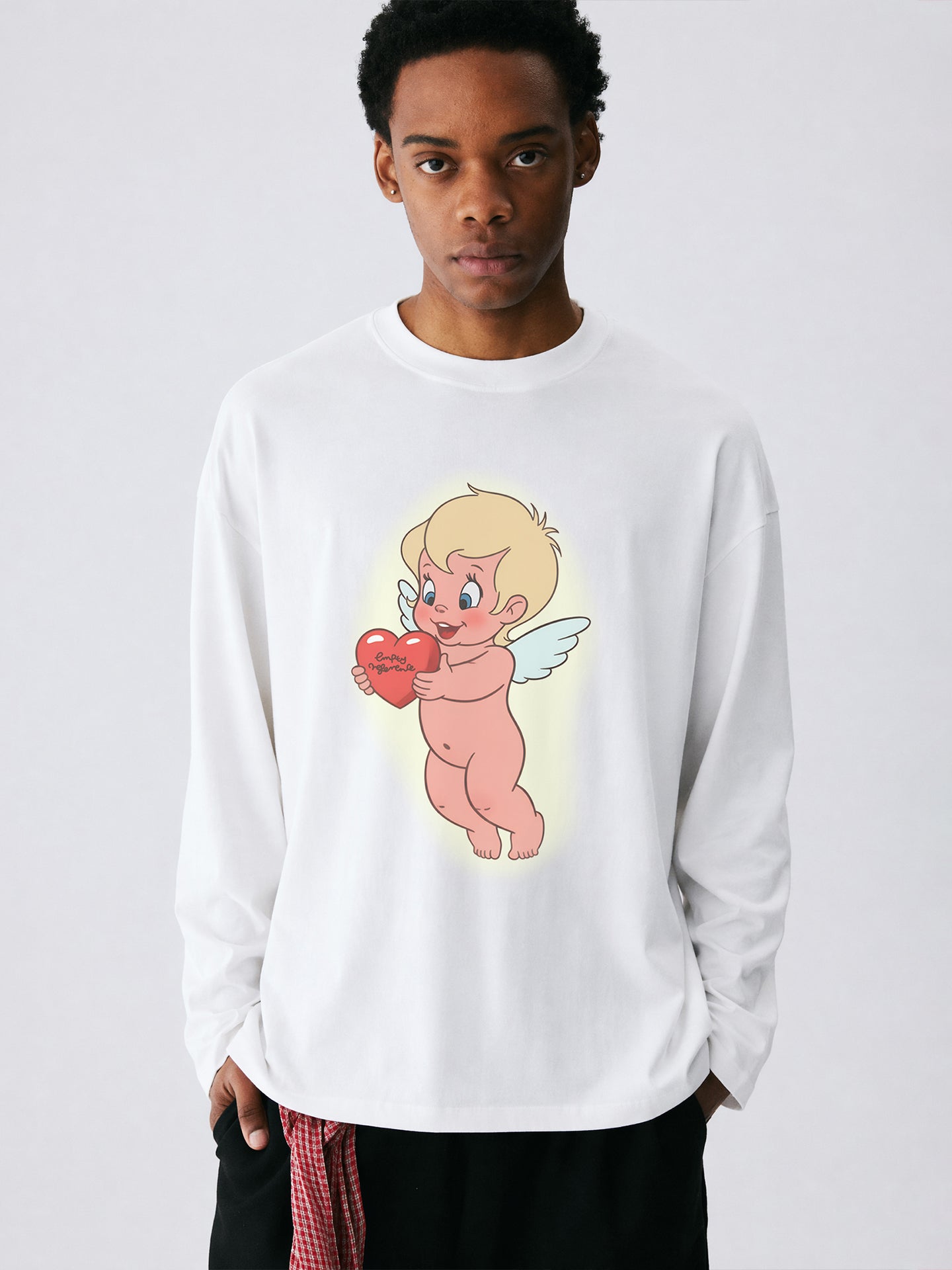 The Cherub Heart Tee - White Snow Fabric with Hand-Drawn Angel & Heart Print