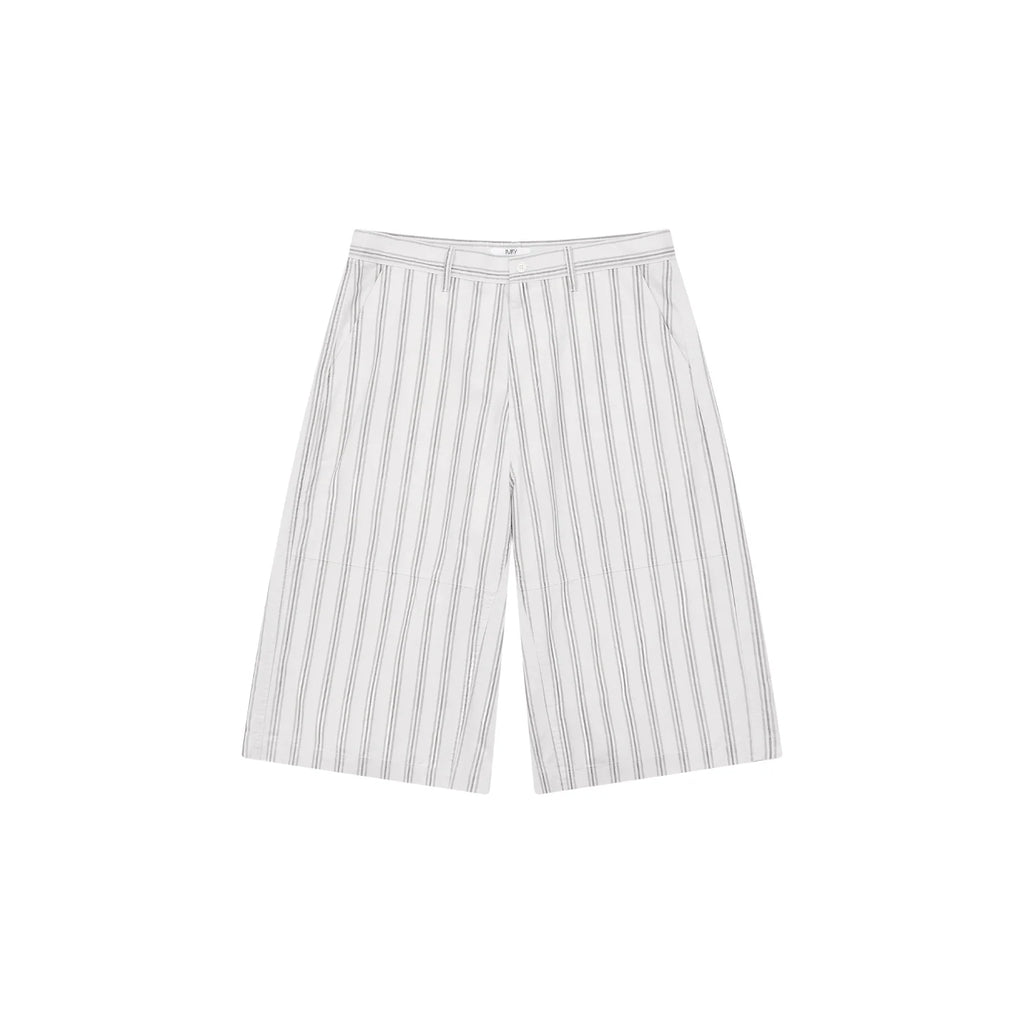 The Washed Stripe Short - Cotton 7 Length with Faded Grey Print & Metal Zipper