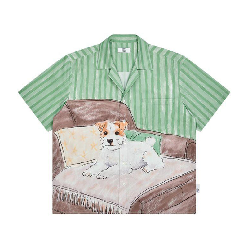 The Cozy Afternoon Shirt - Full-Print Watercolor Scene with Dog & Sofa