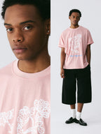 The Drawn Lace Tee - Pink Snow Fabric with Hand-Sketched White Lace Flowers