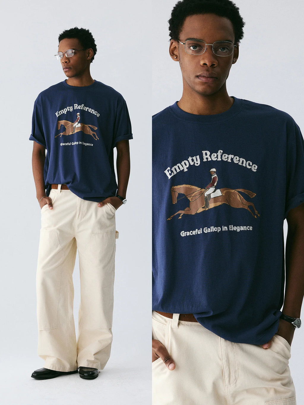 The Suspended Leap Tee - Navy Snow Fabric with Hand-Drawn Equestrian Jump
