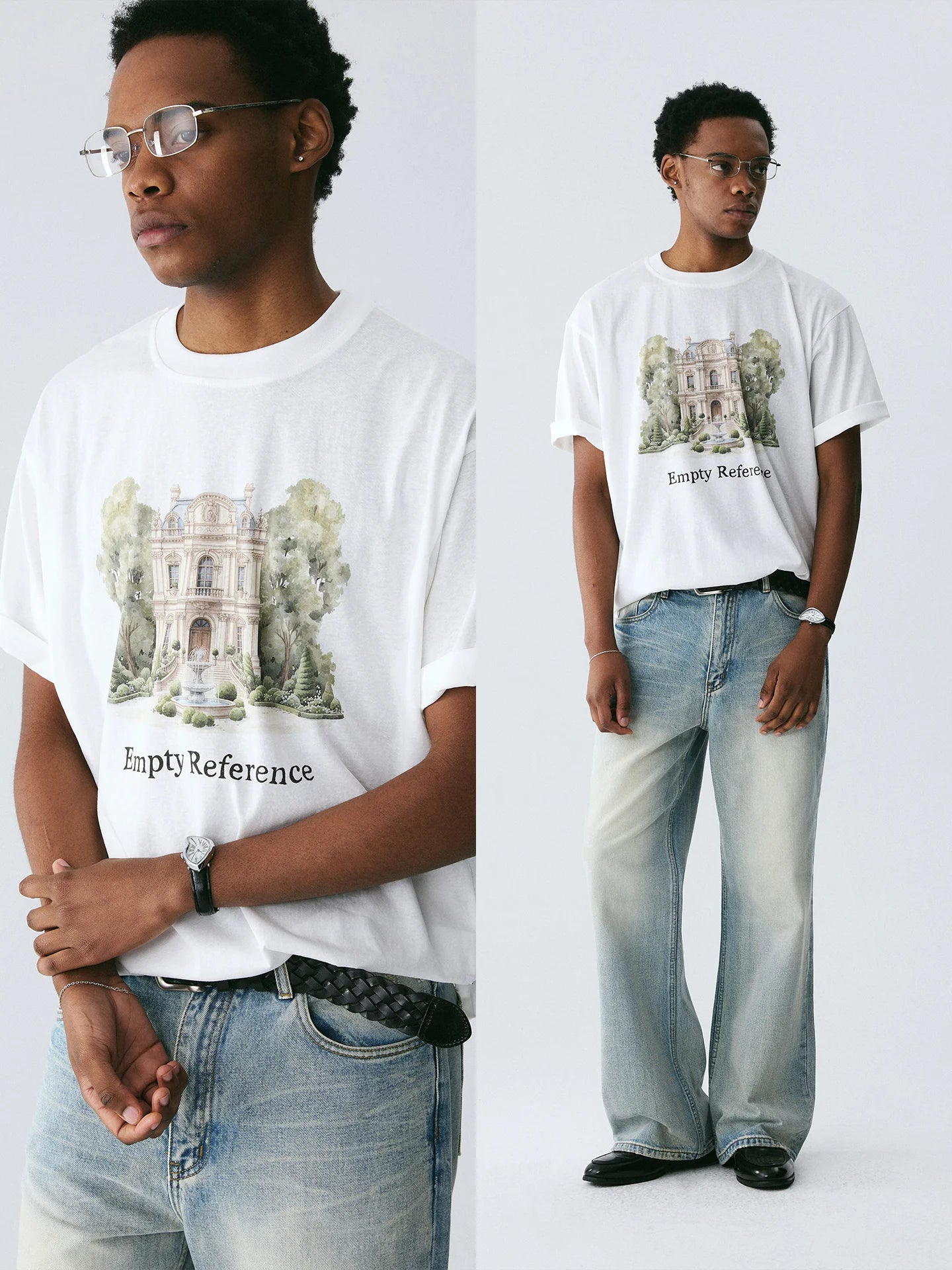 The Woodland Estate Tee - White Snow Fabric with Watercolor Manor & Forest