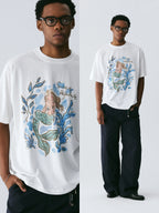 The Submerged Reverie Tee - White Snow Fabric with Hand-Drawn Mermaid & Coral