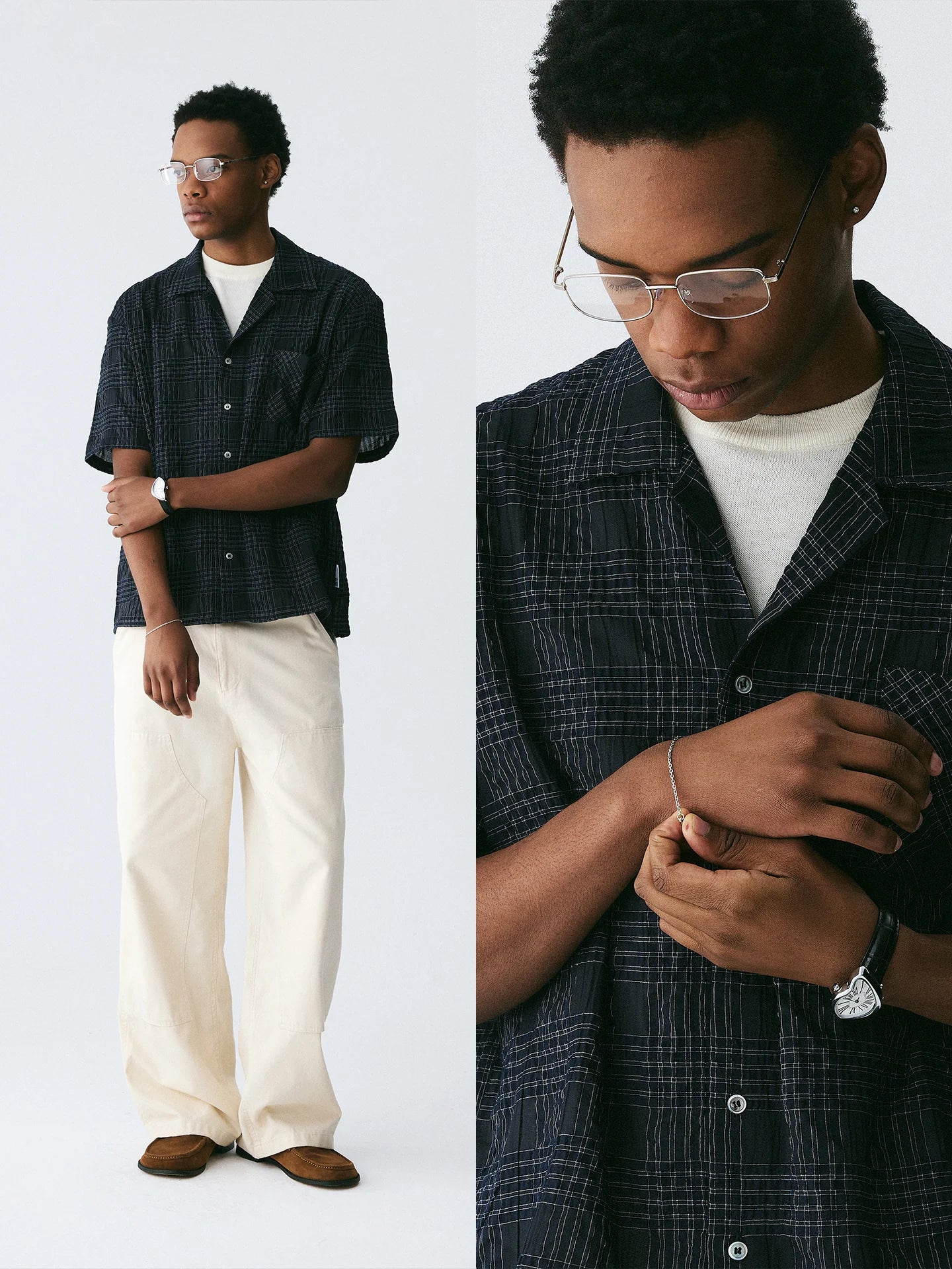 The Biased Grid Shirt - Textured Deep Navy Check Cuban Collar with Angle-Cut Pocket