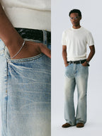 Vintage Wash Denim with Custom Hardware & Destructed Hem