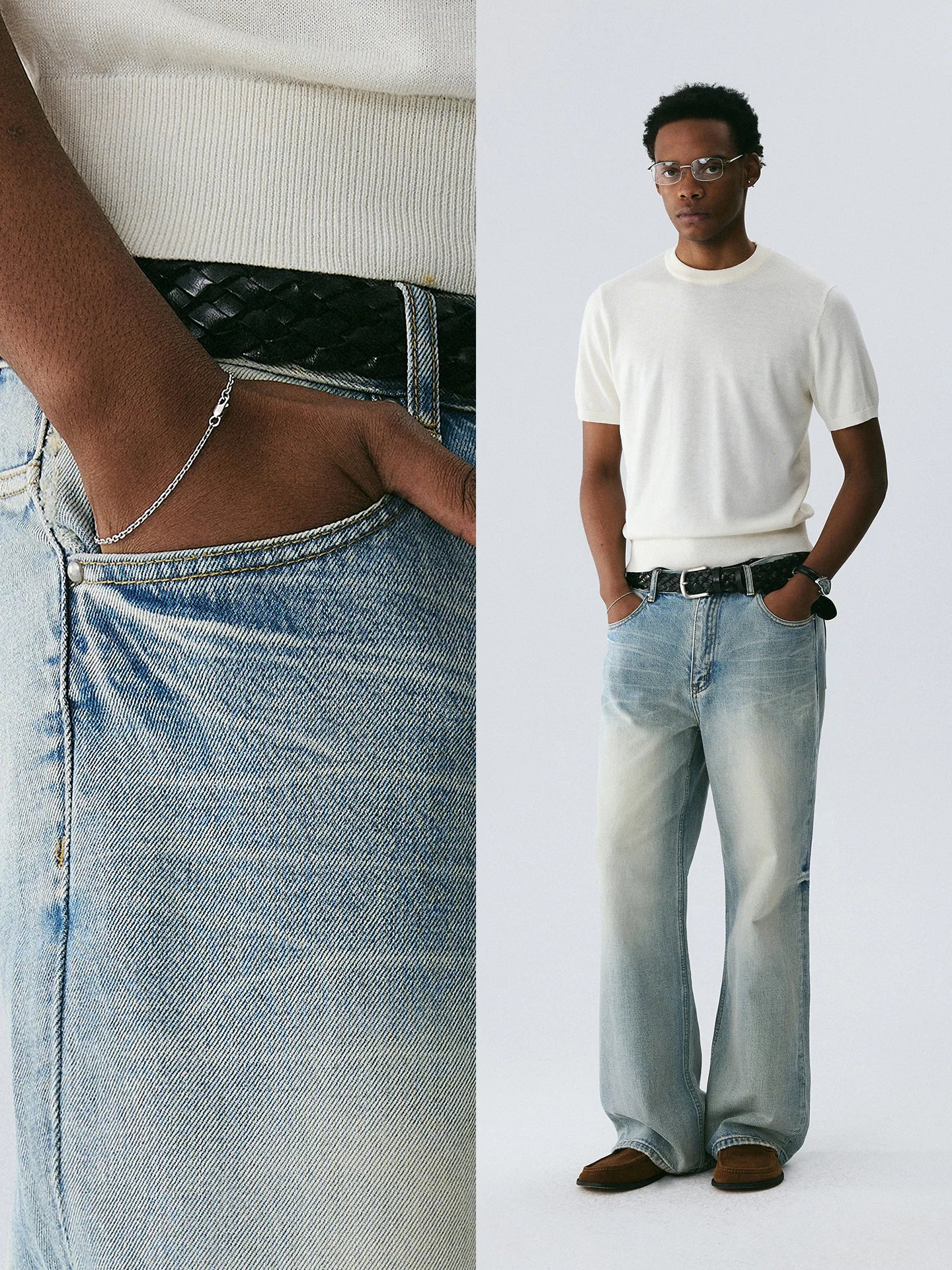 Vintage Wash Denim with Custom Hardware & Destructed Hem