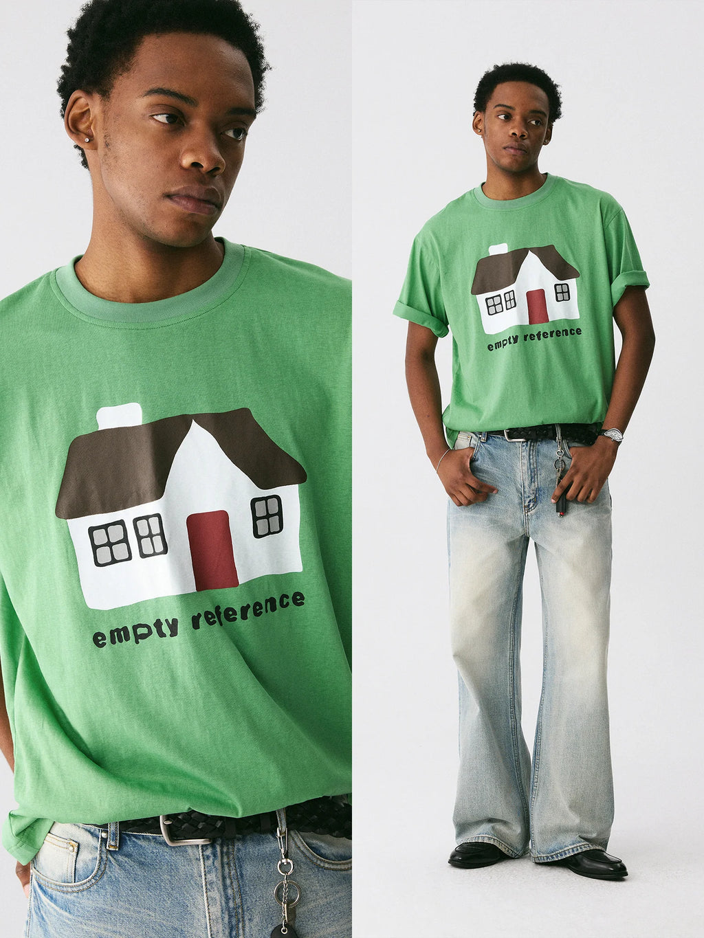 The Little House Tee - Mint Green Snow Fabric with Hand-Drawn Cottage Print