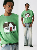 The Little House Tee - Mint Green Snow Fabric with Hand-Drawn Cottage Print