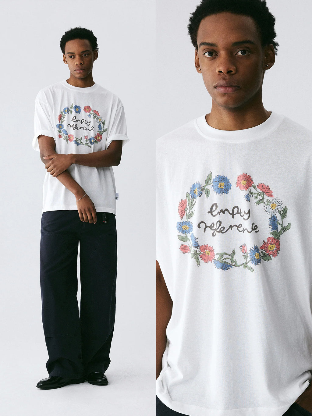 The Wreath of Wildflowers Tee - White Snow Fabric with Hand-Drawn Floral Circle & Logo