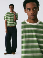 The Avocado Stripe Tee - Double Cotton in Green & Cream with Contrast Collar