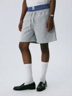 The Layered Waist Short - Heather Grey Knit with Blue Stripe Panel & Woven Label