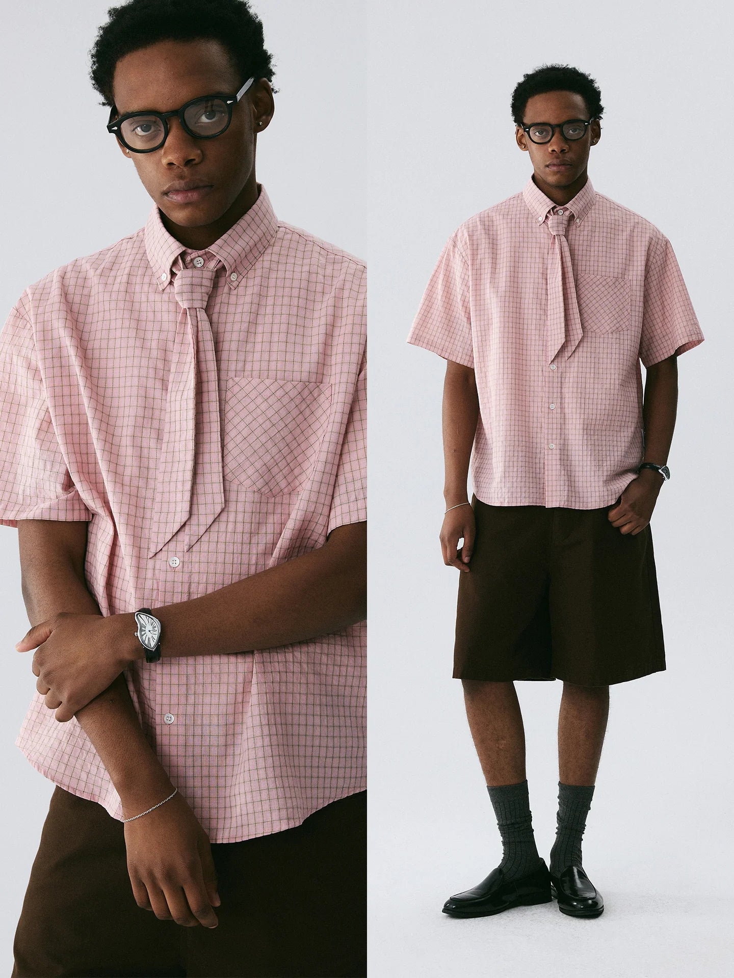 The Gingham Scarf Shirt - Pink & Brown Check with Matching Detachable Scarf