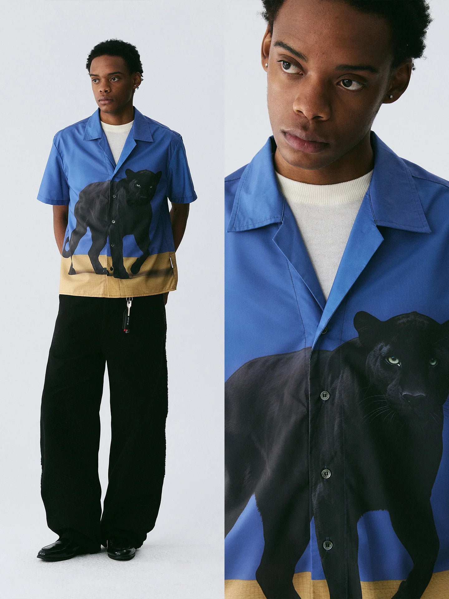 The Midnight Stride Shirt - Full-Print Sapphire Blue with Black Panther & Golden Earth