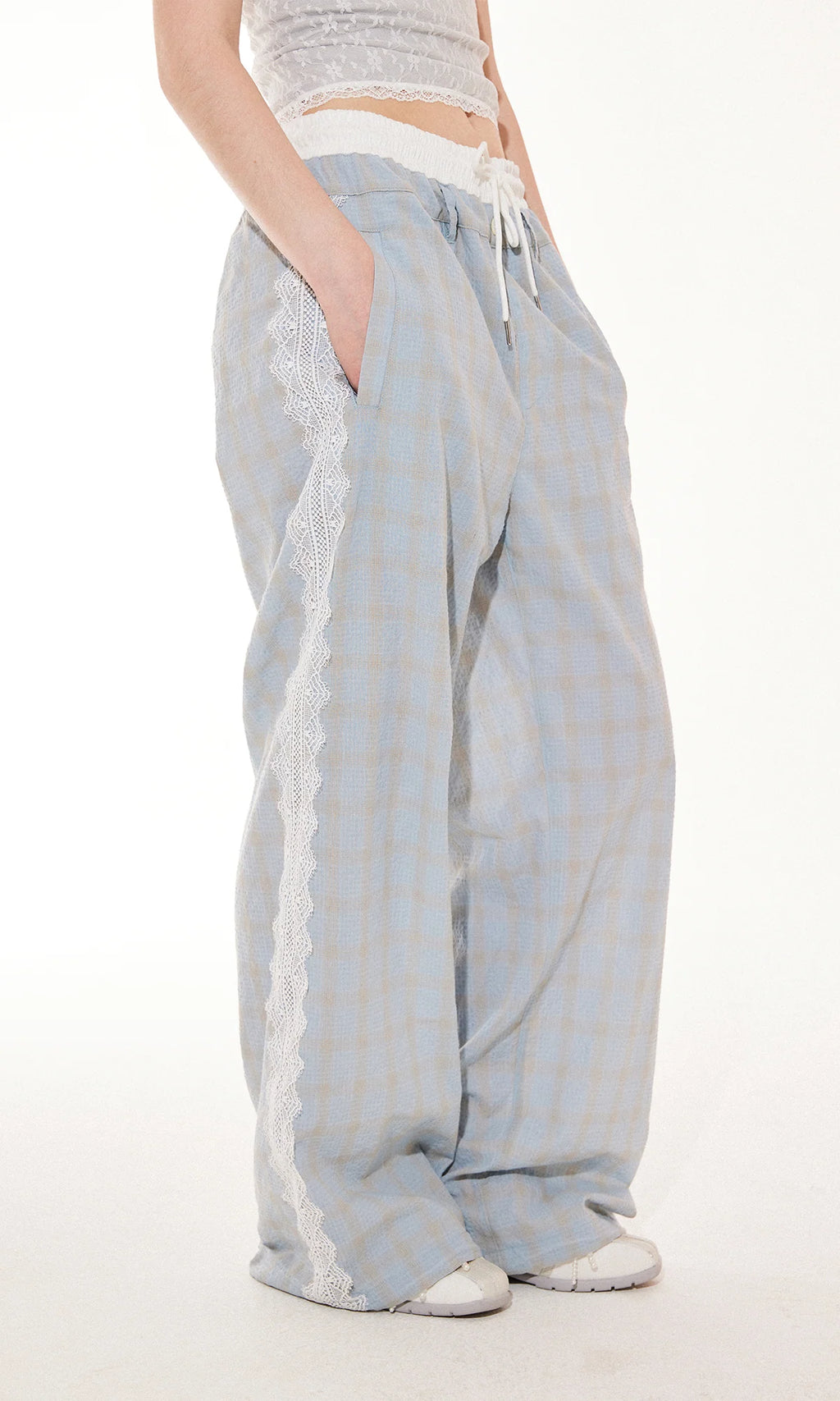 Lace Panel Plaid Pants