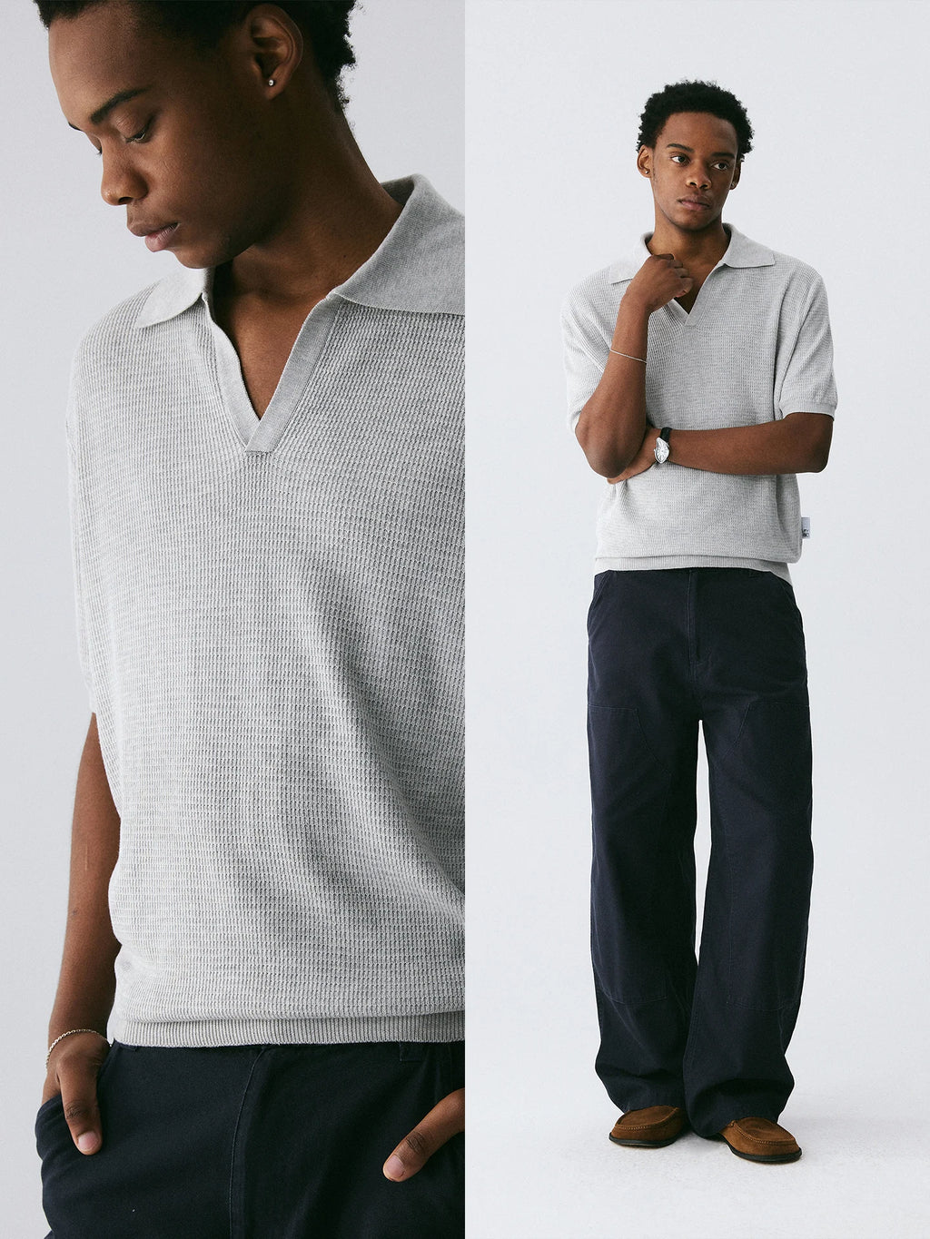 The Textured Stitch Polo - Silk-Wool Blend Knit with Ribbed Trim
