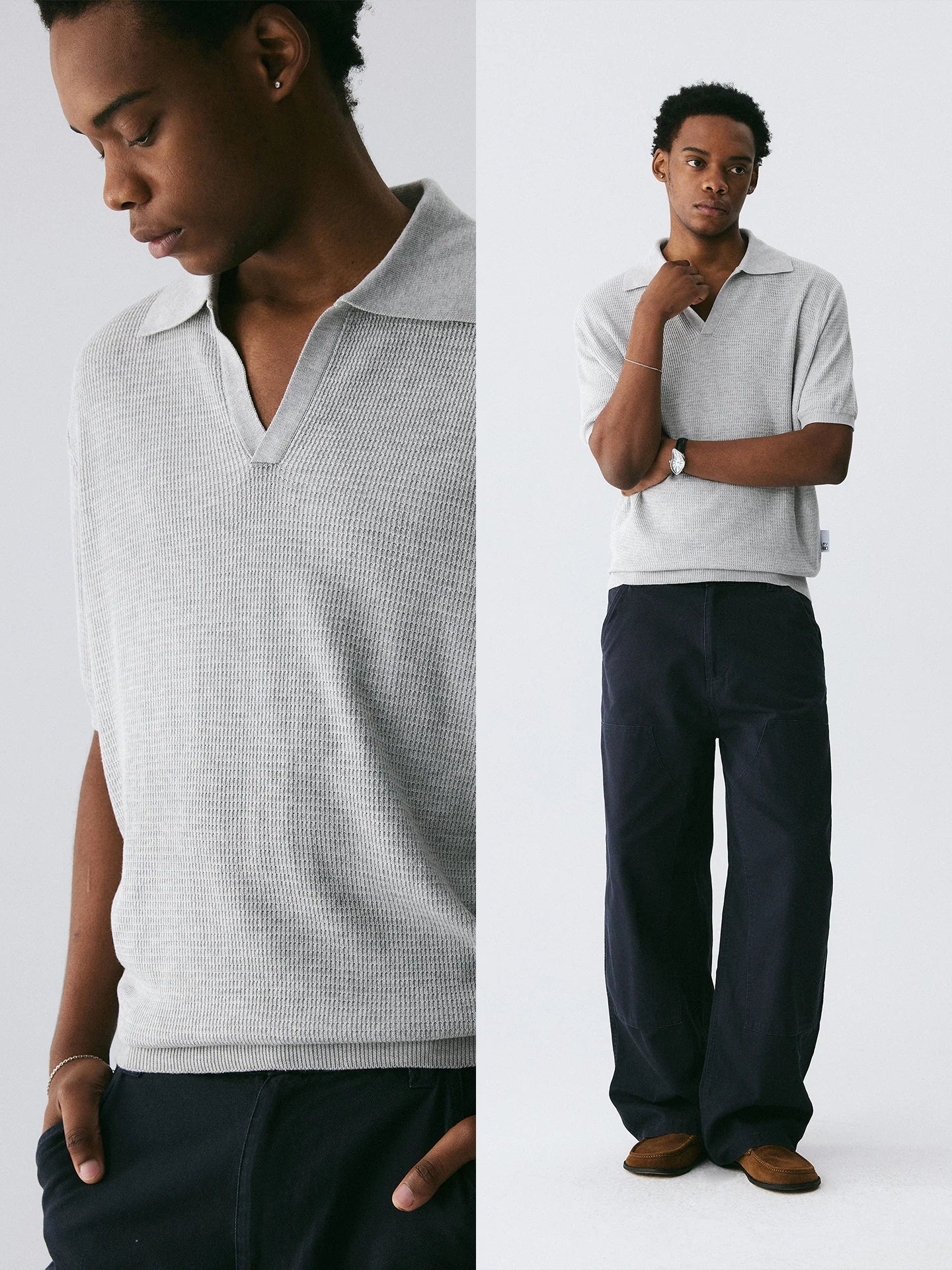 The Textured Stitch Polo - Silk-Wool Blend Knit with Ribbed Trim