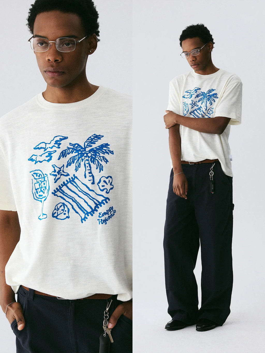 The Coastal Sketch Tee - Textured Slub Cotton with Hand-Drawn Beach Scene