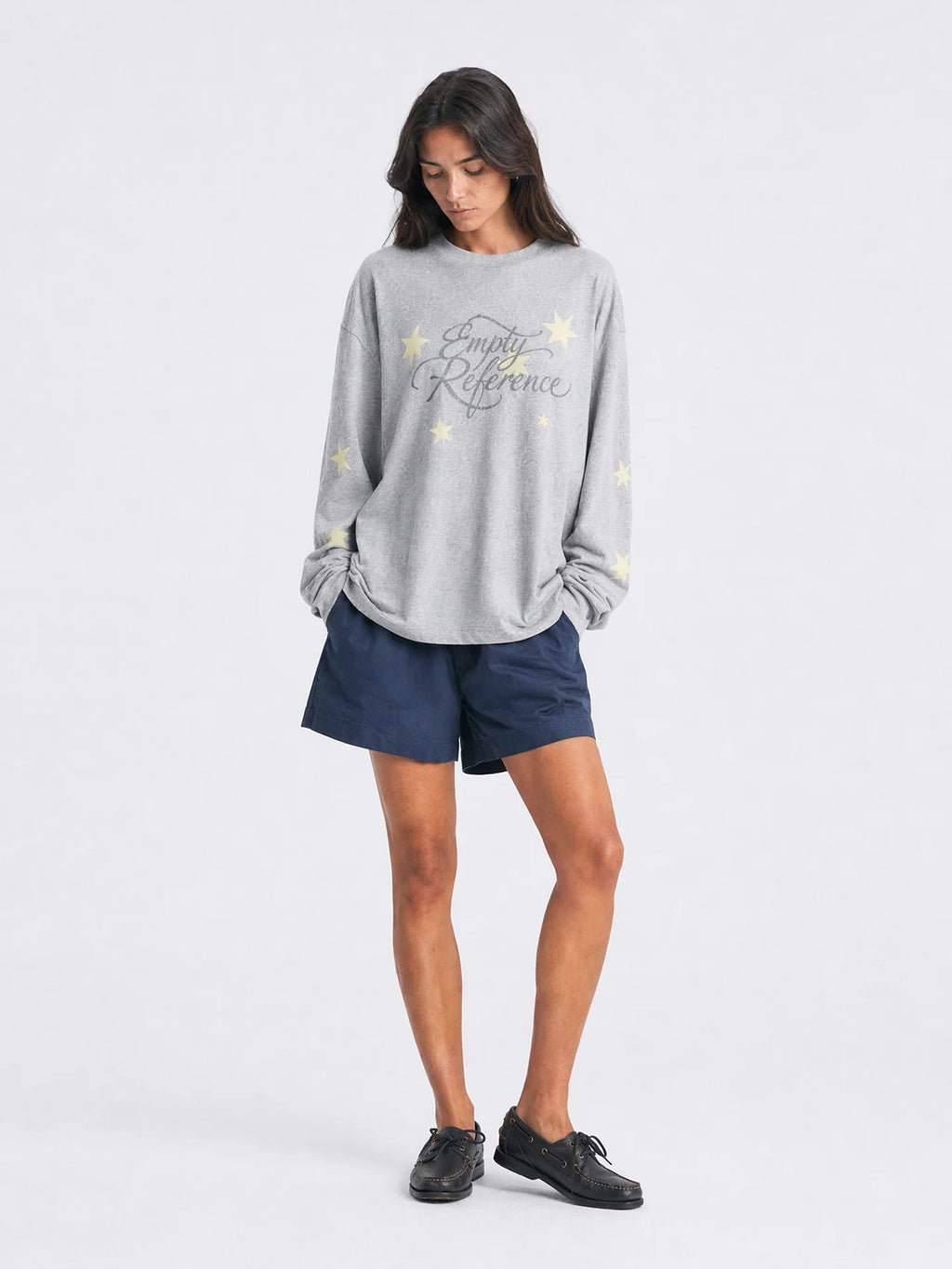 Empty Reference Star Graphic Long Sleeve Tee | Oversized Grey Top