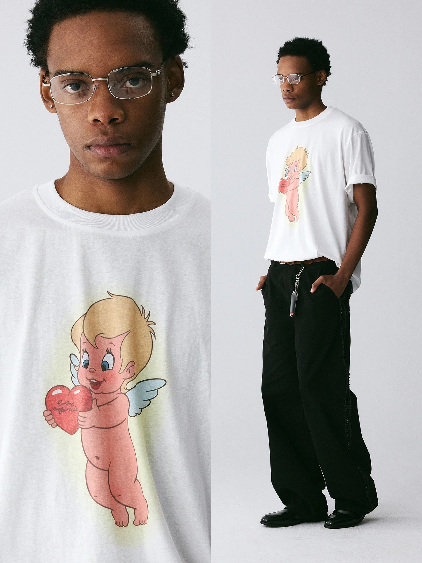 The Cherub Heart Tee - White Snow Fabric with Hand-Drawn Angel & Heart Print