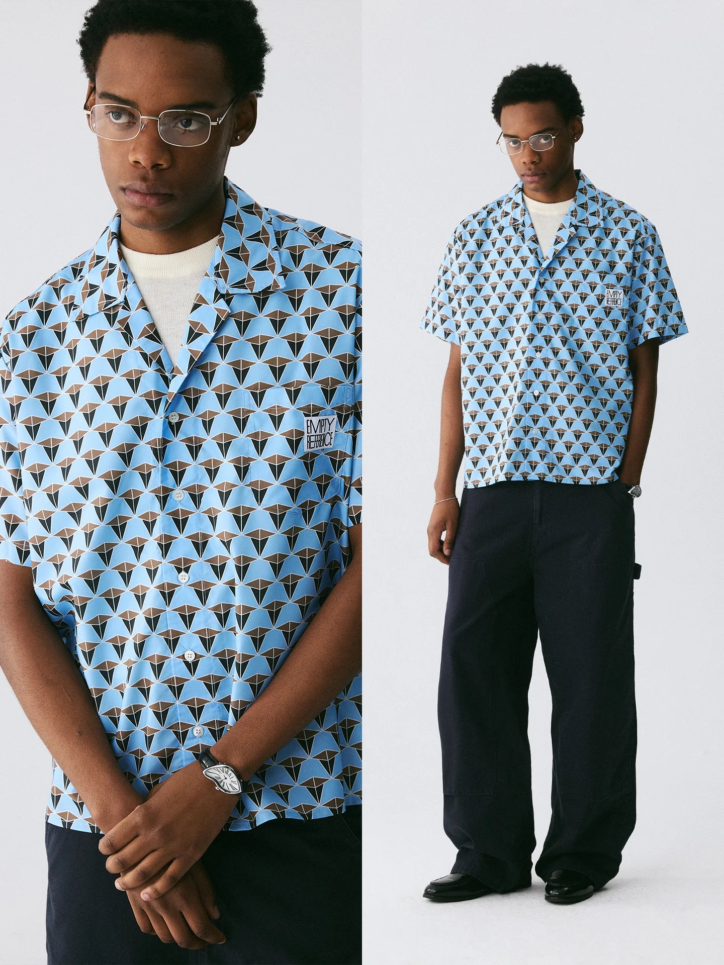 The Tessellated Diamond Shirt - Full-Print Geometric in Dusty Blue, Brown & Black