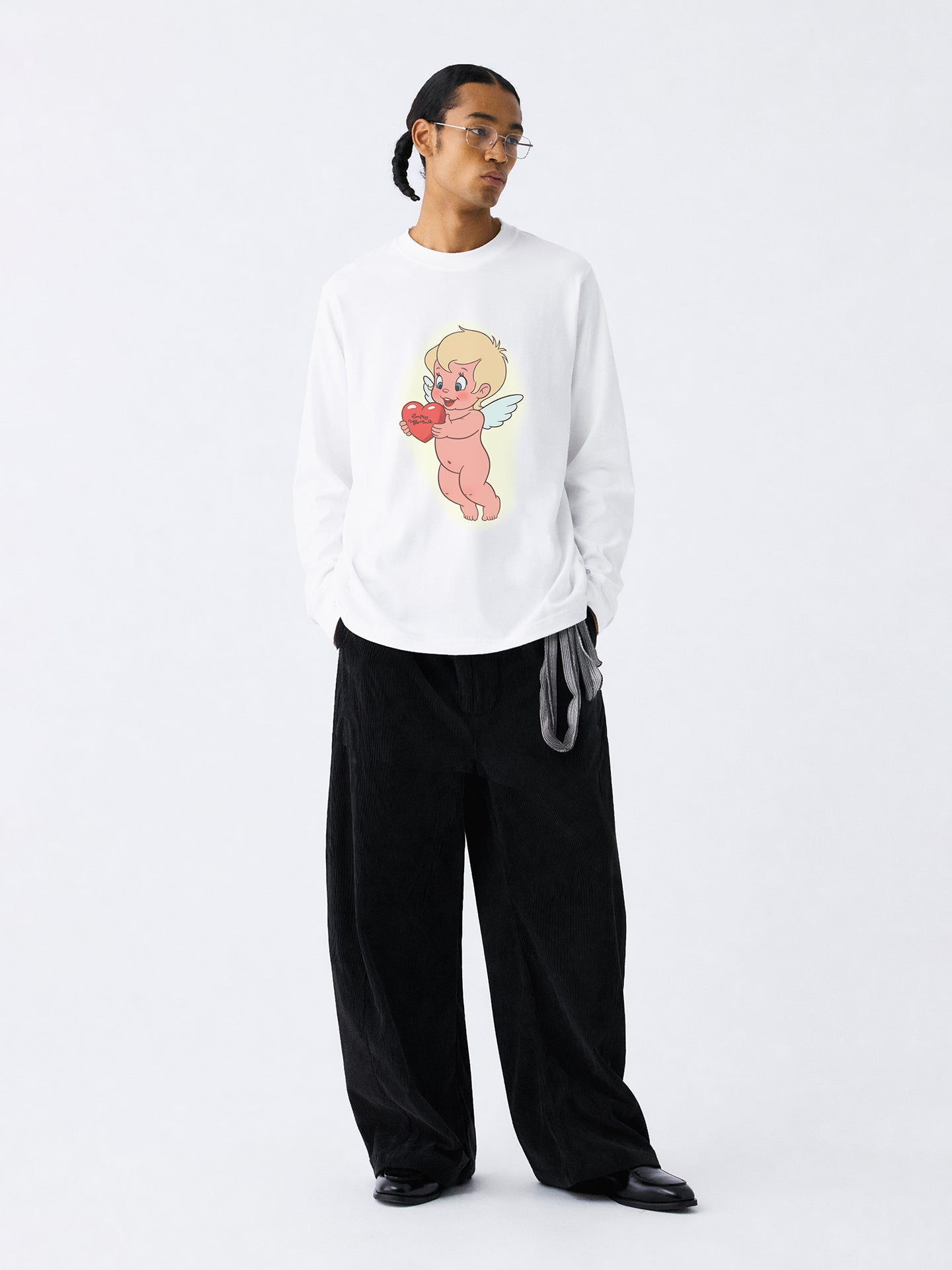 The Cherub Heart Tee - White Snow Fabric with Hand-Drawn Angel & Heart Print