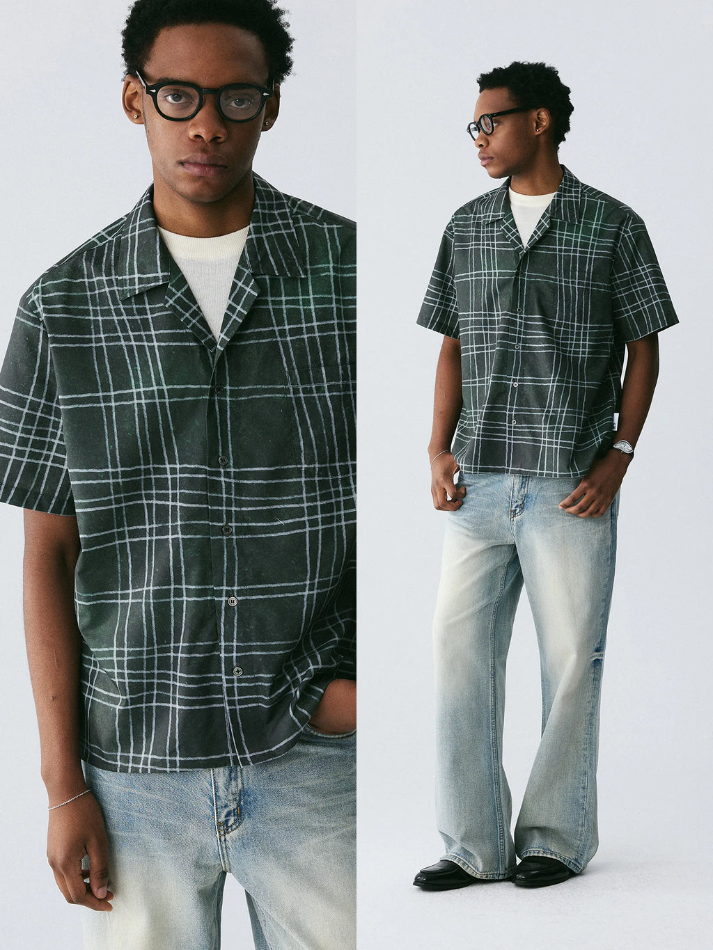 The Unruly Grid Shirt - Hand-Drawn White Lines on Forest Green