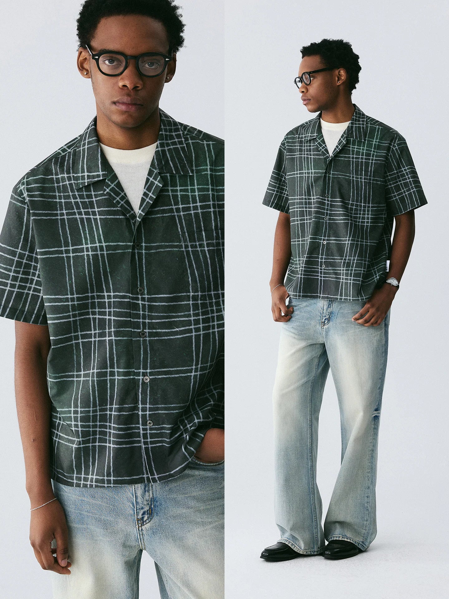 The Unruly Grid Shirt - Hand-Drawn White Lines on Forest Green
