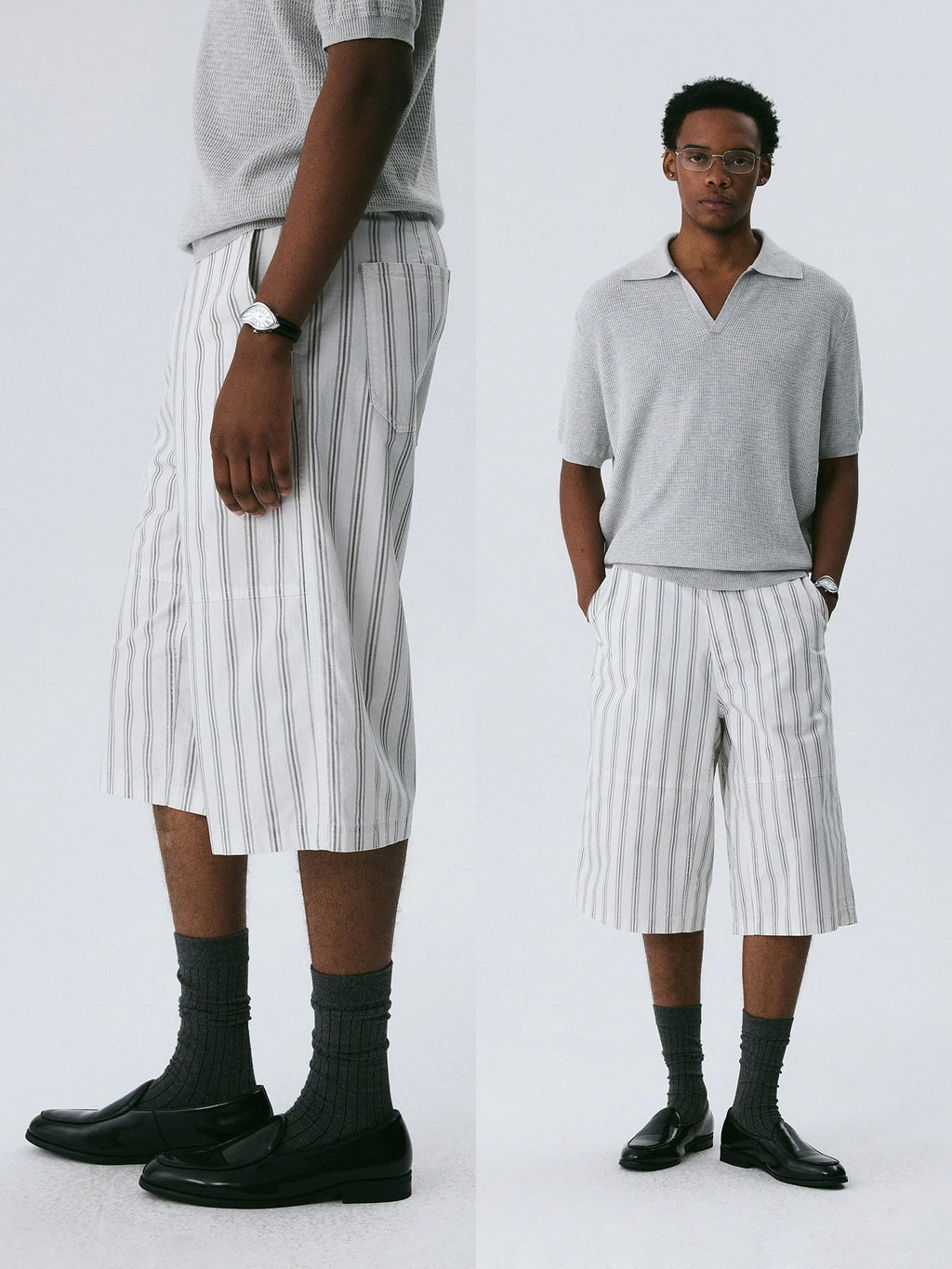 The Washed Stripe Short - Cotton 7 Length with Faded Grey Print & Metal Zipper
