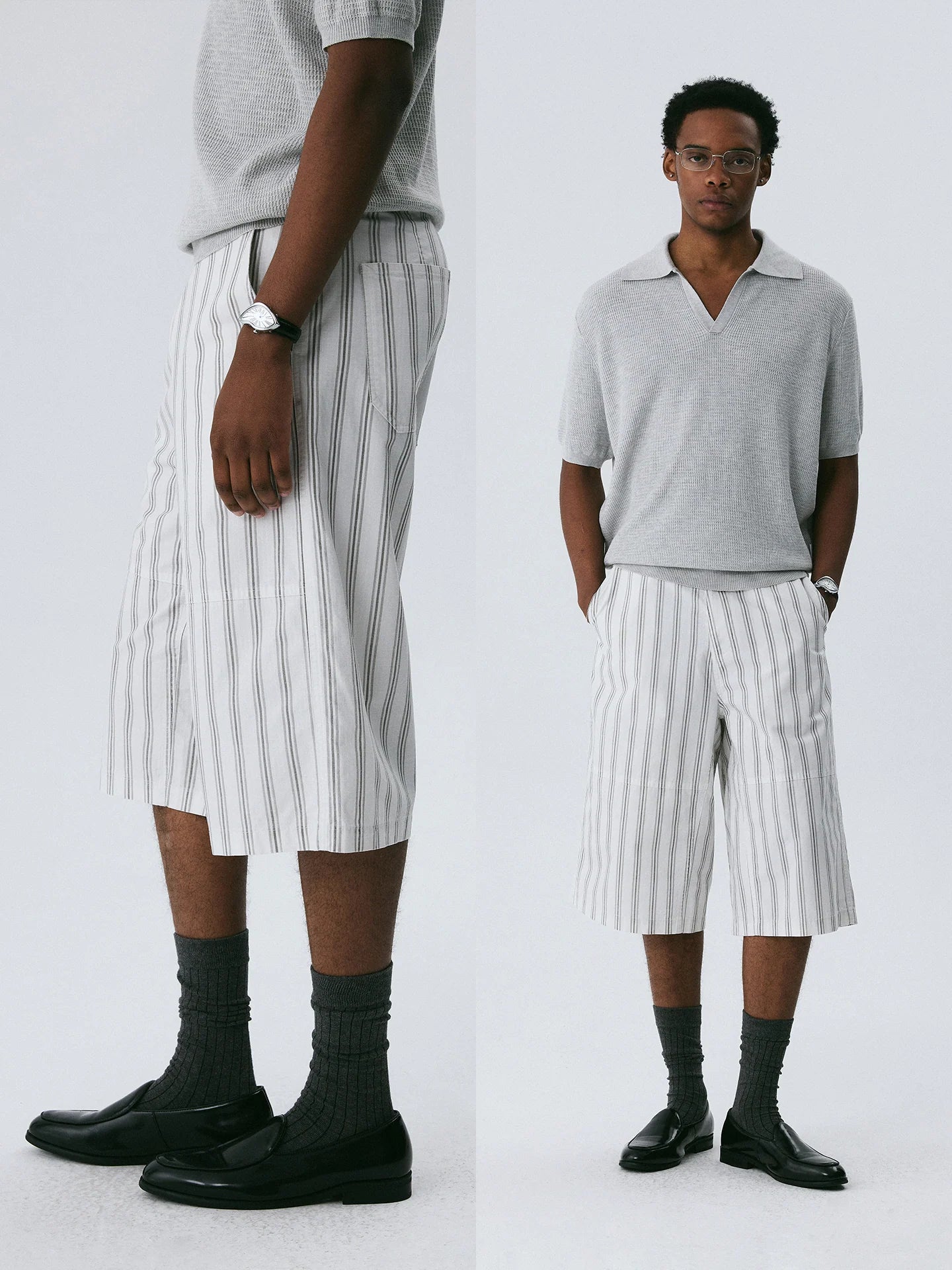 The Washed Stripe Short - Cotton 7 Length with Faded Grey Print & Metal Zipper