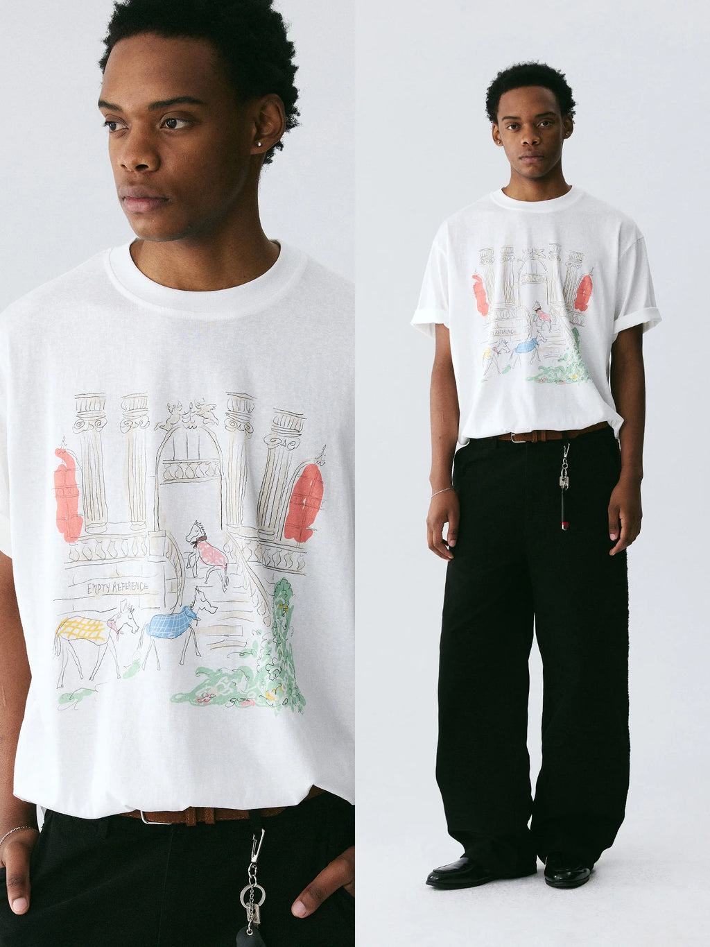 The Three Little Horses Tee - White Snow Fabric with Line-Drawn Manor & Color-Accent Pony Scene