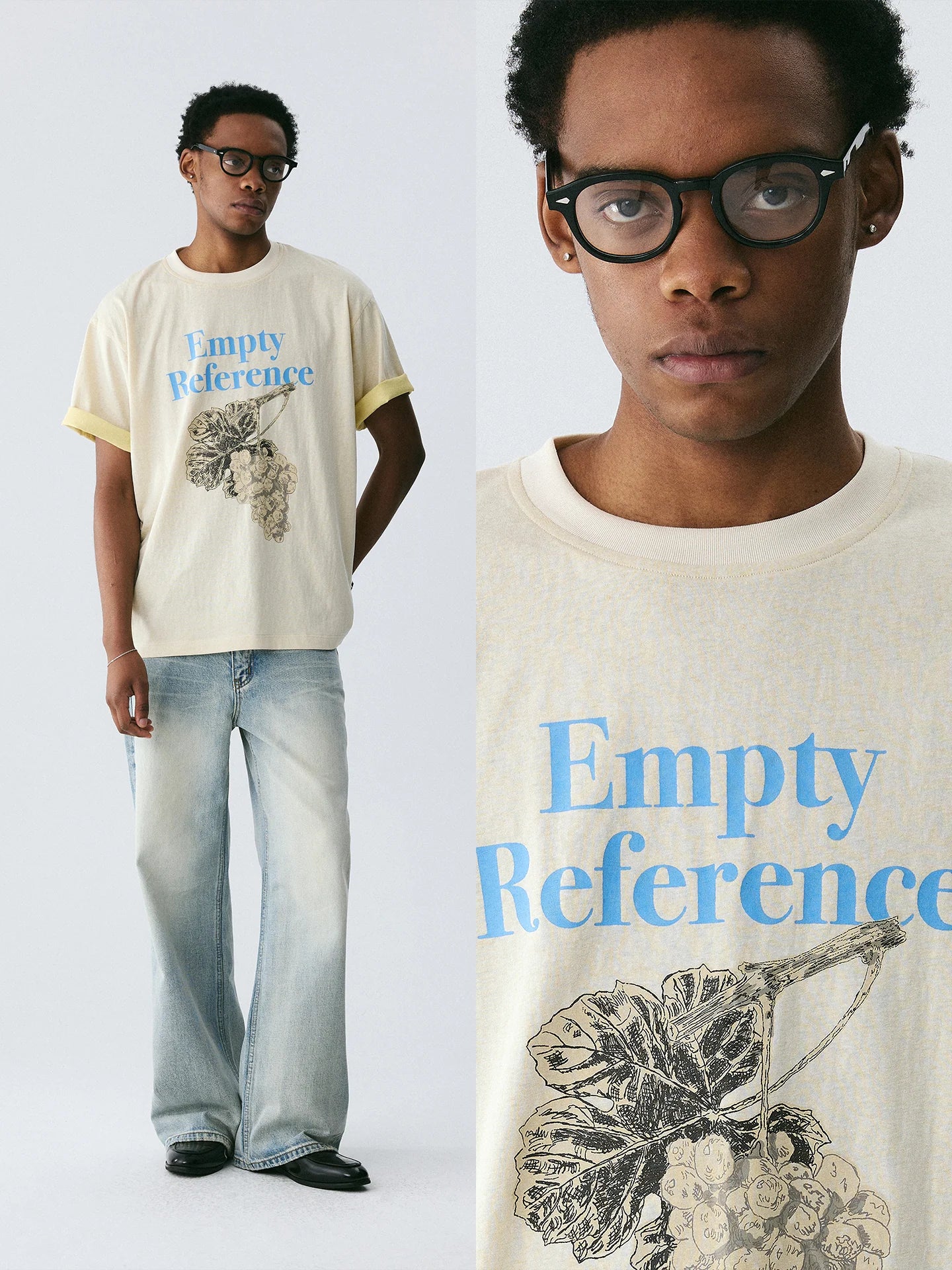 The Sketch Grape Bunch Tee - Apricot Snow Fabric with Charcoal-Style Grape Cluster & Blue Logo
