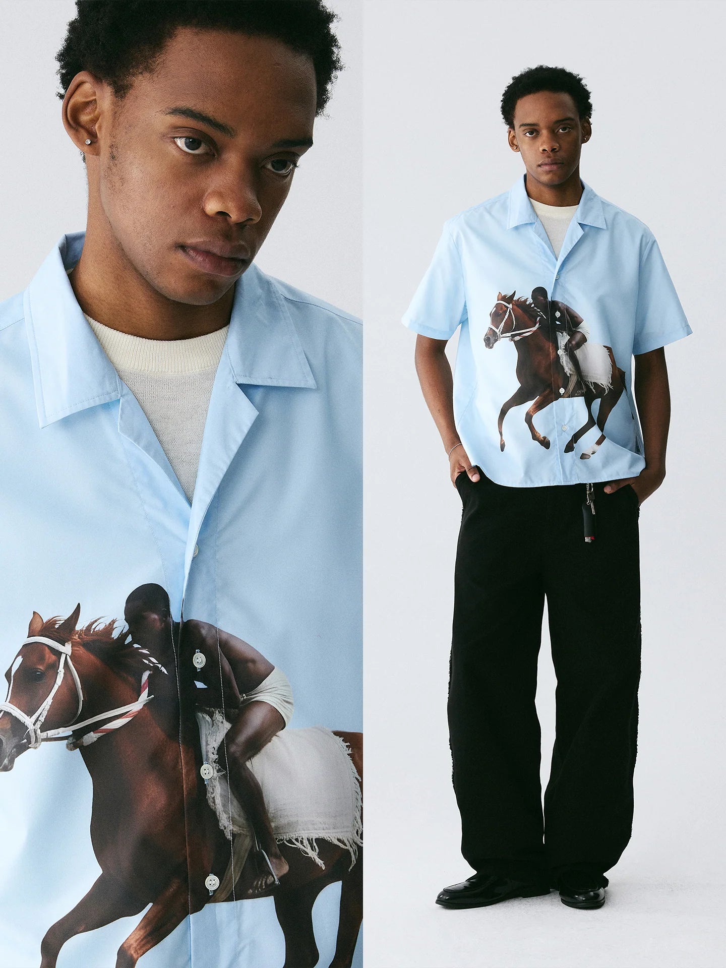 The Galloping Spirit Shirt - Full-Print Cuban Collar with Rider & Horse