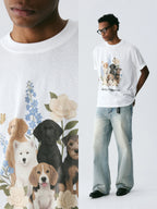 The Friendship Garden Tee - White Snow Fabric with Hand-Drawn Dog Pack & Flowers