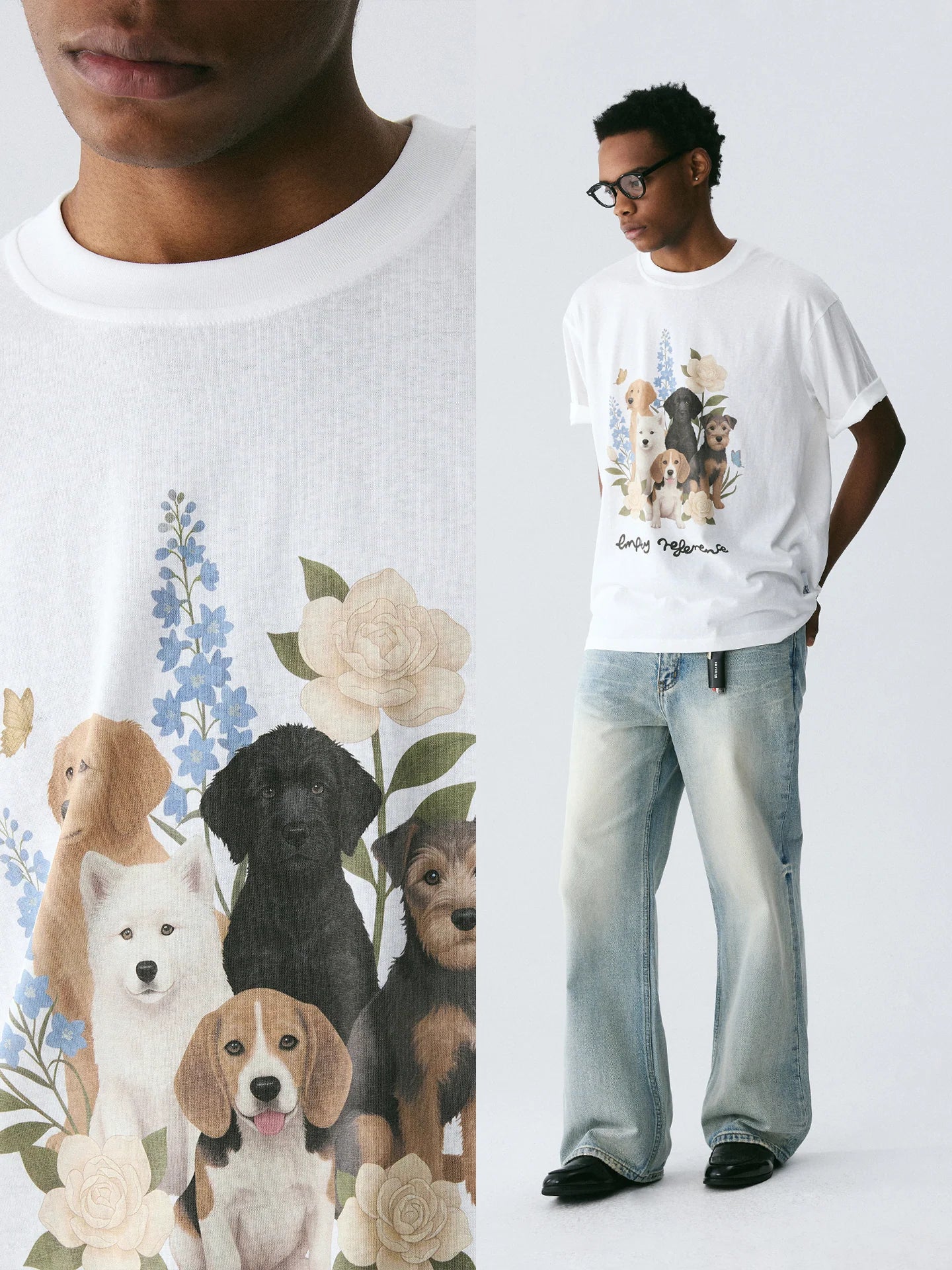 The Friendship Garden Tee - White Snow Fabric with Hand-Drawn Dog Pack & Flowers