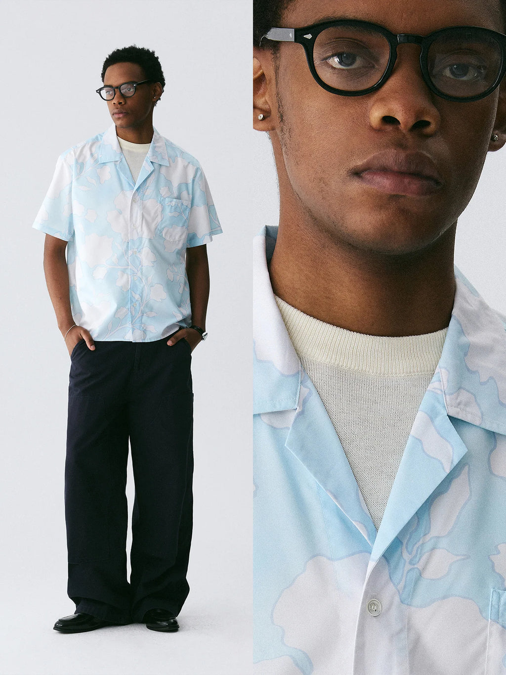 The Scattered Petal Shirt - Sky Blue Full-Print with Hand-Drawn White Flowers